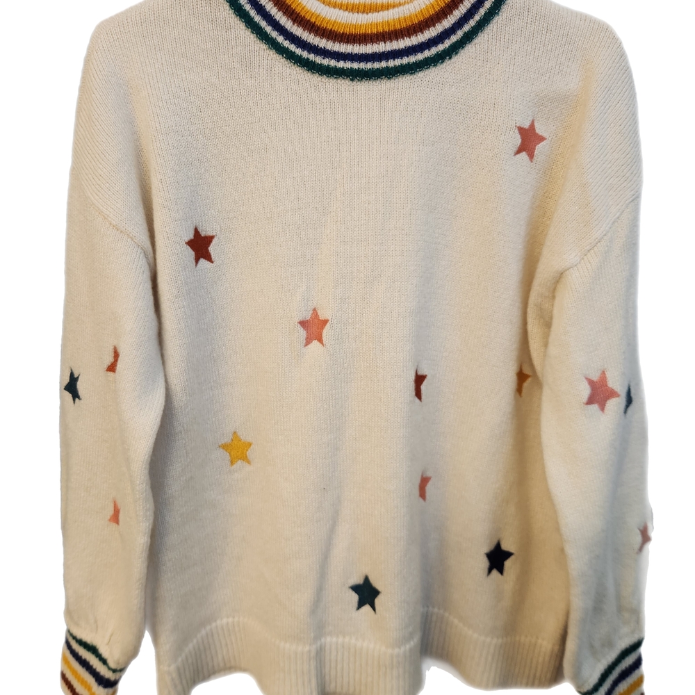 Maurices Cream and Red Crew Neck Sweater with Star Accents